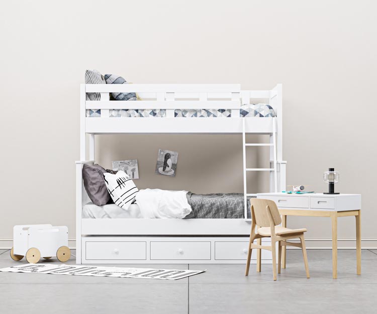 White wooden bunk bed with ladder and storage drawers.
