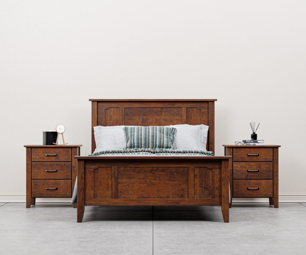 Amish furniture bedroom set with bed and matching nightstands.