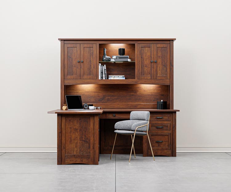 Amish office furniture desk with hutch and storage cabinets.