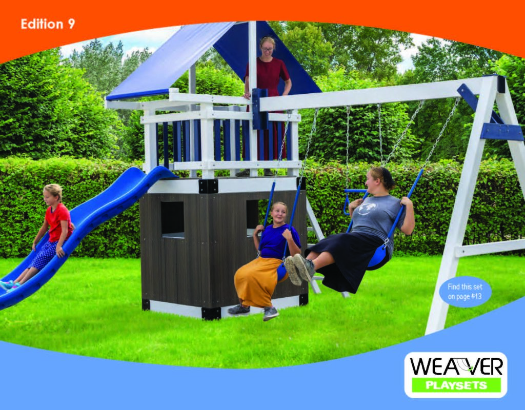 Children enjoying Amish-built outdoor playsets with swings, slide, and clubhouse