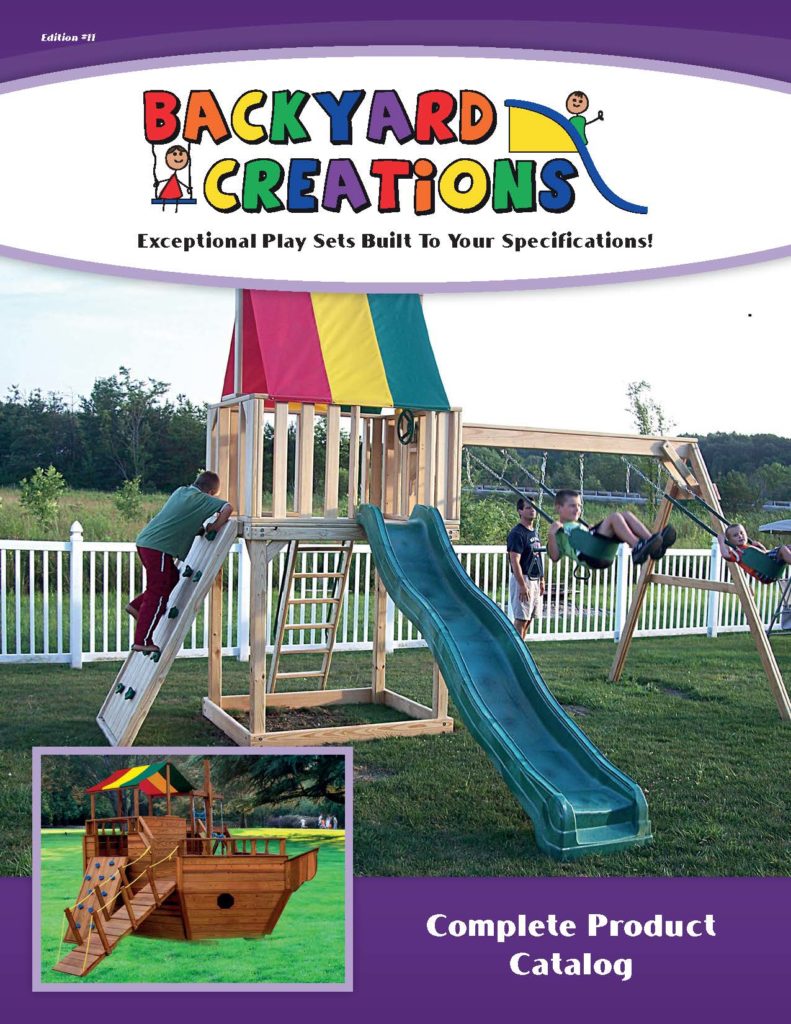 Kids playing on custom wooden backyard playsets with slides, swings, and climbing features