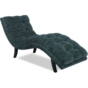 Tufted chaise lounge with dark fabric and curved design.