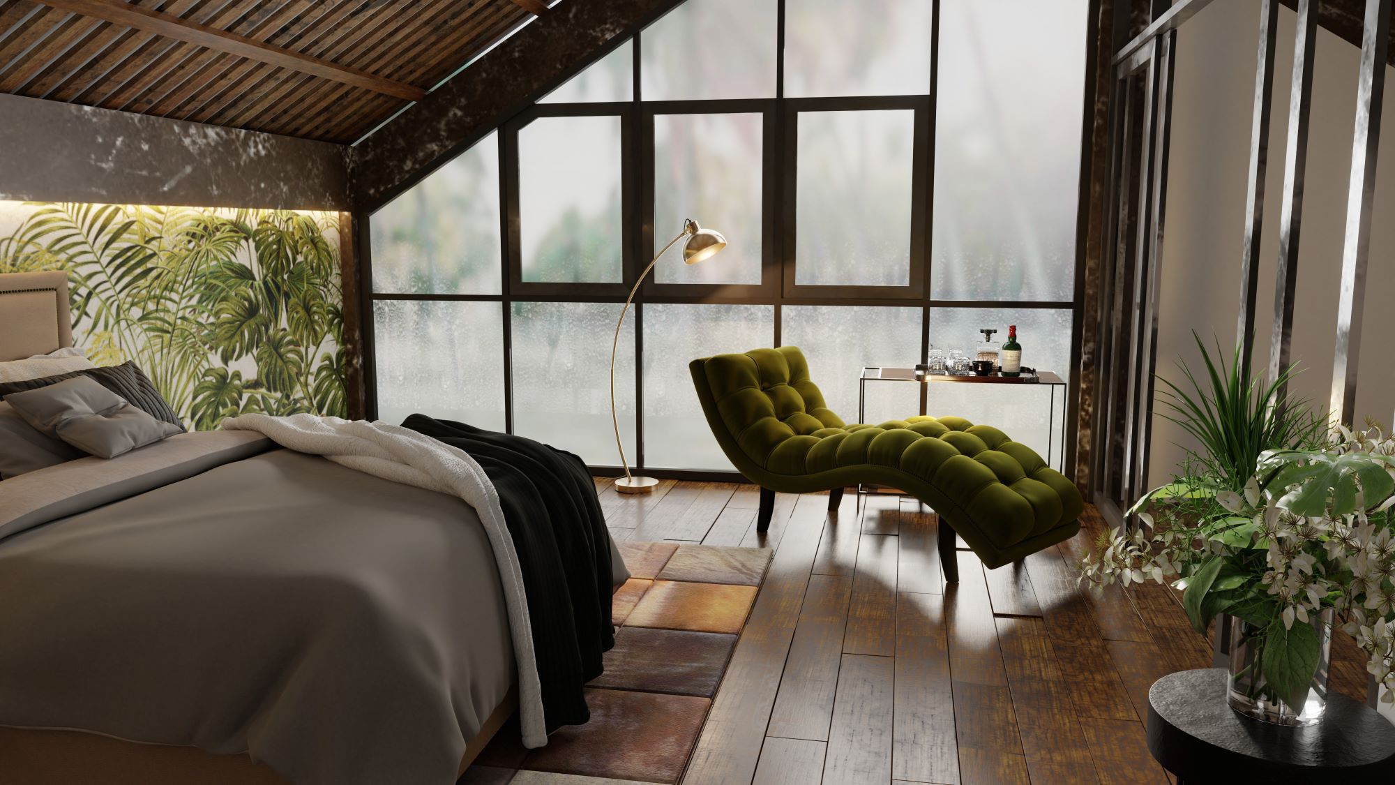 Modern bedroom featuring green Temple Furniture chaise lounge by floor-to-ceiling windows