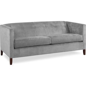 Modern gray upholstered sofa with wooden legs.